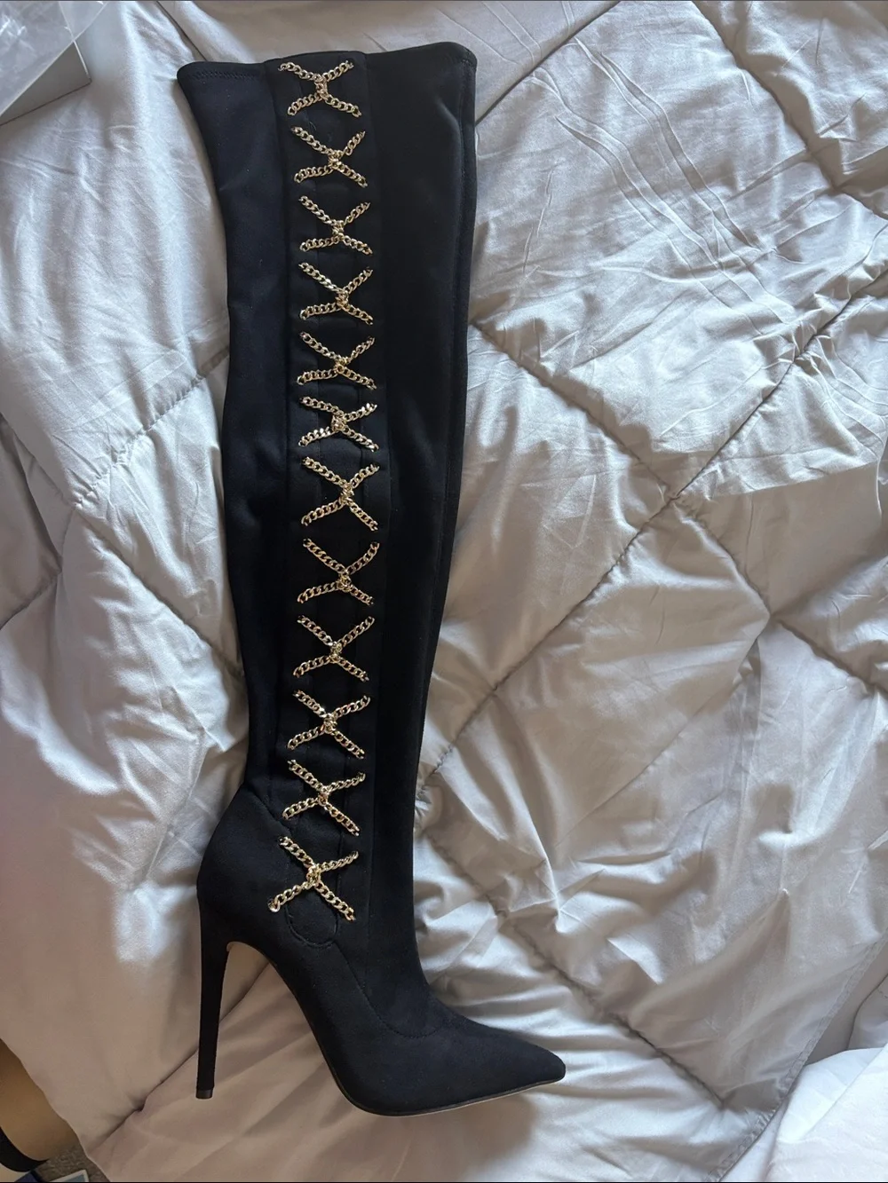 Jennifer Lopez Black Over-the-Knee Stiletto Boots with Gold Chain Cross-Lace